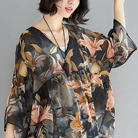 Simple Black V Neck Print Patchwork asymmetrical design Fall Shirt Half Sleeve