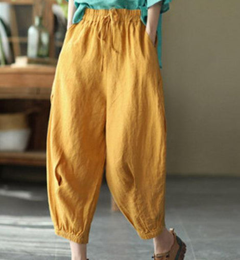 Simple Yellow Retro High Waist Pockets Summer Pants Linen