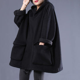 Simple hooded drawstring spring shirts women black tops