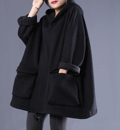 Simple hooded drawstring spring shirts women black tops