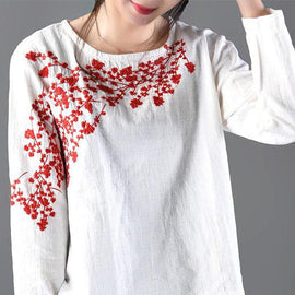 Spring Round Neck Plum Blossom Embroidery T-Shirt