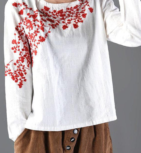 Spring Round Neck Plum Blossom Embroidery T-Shirt