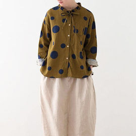 Spring Yellow Literature And Art Linen Ruffled Collar Top