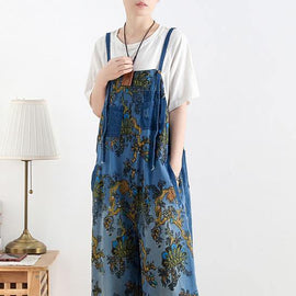 Spring original literary fashion retro ethnic style blue printed loose denim overalls