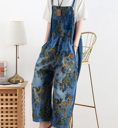 Spring original literary fashion retro ethnic style blue printed loose denim overalls