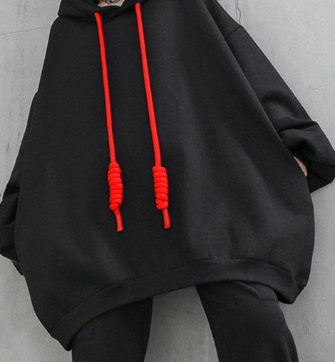 Style Black hooded Pockets Drawstring Fall Loose Sweatshirts Top