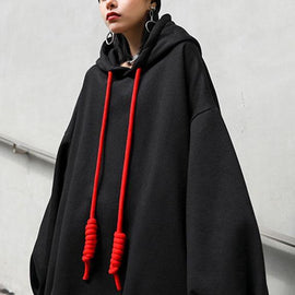 Style Black hooded Pockets Drawstring Fall Loose Sweatshirts Top