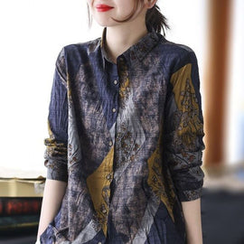 Style Blue Yellow Peter Pan Collar Print Linen Blouse Tops Spring