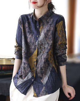 Style Blue Yellow Peter Pan Collar Print Linen Blouse Tops Spring