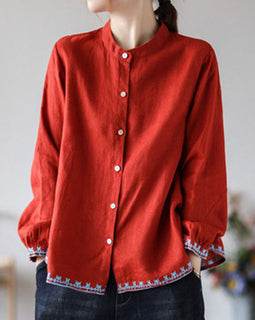 Style Red Embroideried wrinkled Fall Top Long sleeve