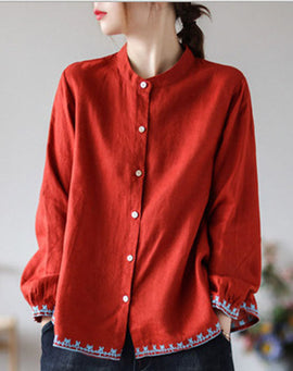 Style Red Embroideried wrinkled Fall Top Long sleeve