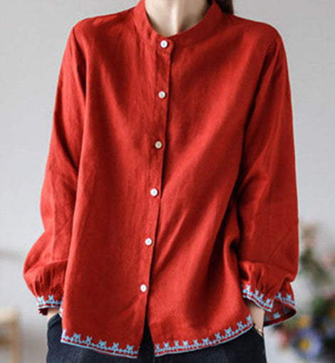 Style Red Embroideried wrinkled Fall Top Long sleeve