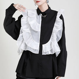 Stylish Black PeterPan Collar Button Ruffles Asymmetrical Design Fall Top Long Sleeve