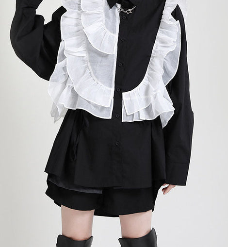 Stylish Black PeterPan Collar Button Ruffles Asymmetrical Design Fall Top Long Sleeve