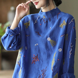 Stylish Blue Embroideried retro Linen Blouse Tops Spring