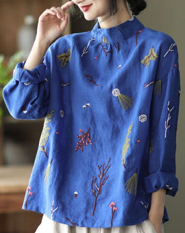 Stylish Blue Embroideried retro Linen Blouse Tops Spring