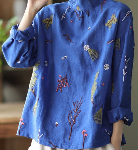 Stylish Blue Embroideried retro Linen Blouse Tops Spring