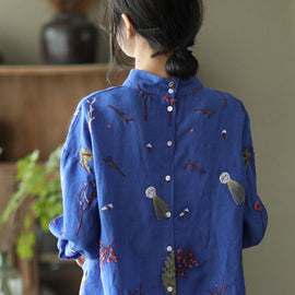 Stylish Blue Embroideried retro Linen Blouse Tops Spring