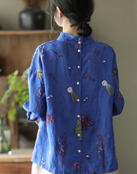 Stylish Blue Embroideried retro Linen Blouse Tops Spring