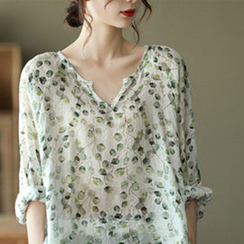 Stylish Green V Neck Print Fall Tops Long sleeve