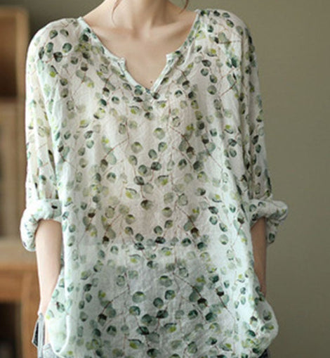 Stylish Green V Neck Print Fall Tops Long sleeve