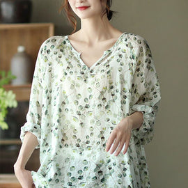 Stylish Green V Neck Print Fall Tops Long sleeve