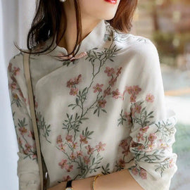 Unique Beige Printing Linen Blouses Spring