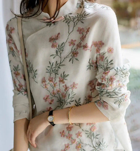 Unique Beige Printing Linen Blouses Spring