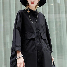 Unique Black Bat Wing Sleeve Button Pockets Fall Patchwork Hollow Out Shirt Top