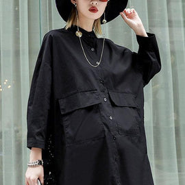 Unique Black Bat Wing Sleeve Button Pockets Fall Patchwork Hollow Out Shirt Top