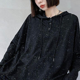 Unique Black Loose Hooded Button Sequins Fall Sweatshirt