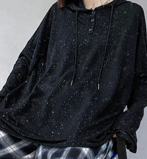 Unique Black Loose Hooded Button Sequins Fall Sweatshirt