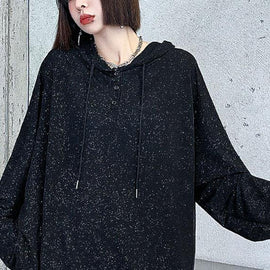 Unique Black Loose Hooded Button Sequins Fall Sweatshirt