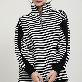 Unique Black White Striped Loose zippered Patchwork Fall Long sleeve Top