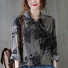 Unique Grey Peter Pan Collar Button Print Fall Blouses Long sleeve