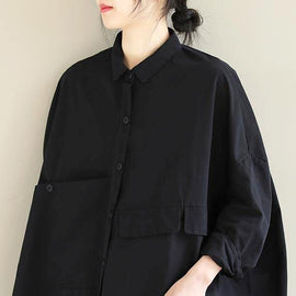 Unique Lapel Asymmetric Blouse Sewing Black Shirt