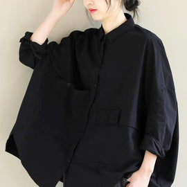 Unique Lapel Asymmetric Blouse Sewing Black Shirt