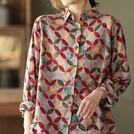 Unique Lapel Patchwork Spring Tunic Pattern Photography Red Print Blouse