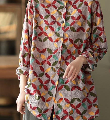 Unique Lapel Patchwork Spring Tunic Pattern Photography Red Print Blouse