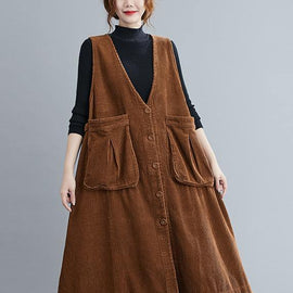 Unique V Neck Sleeveless cotton Spring Dresses Lnspiration Brown Robe Dress