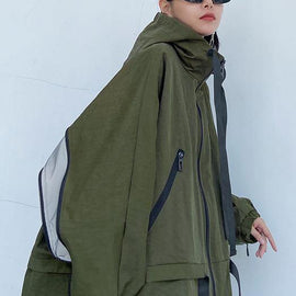 Unique hooded pockets Fashion fall coat army green baggy coat