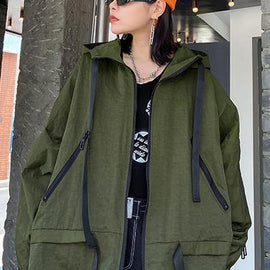 Unique hooded pockets Fashion fall coat army green baggy coat