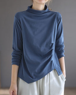 Vintage Blue Turtleneck asymmetrical design Patchwork Fall Tops