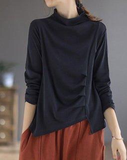 Vintage Blue Turtleneck asymmetrical design Patchwork Fall Tops