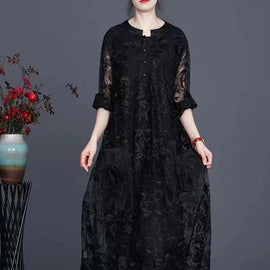 Italian Black Jacquard Long Lace Dress Casual Spring Maxi Dress