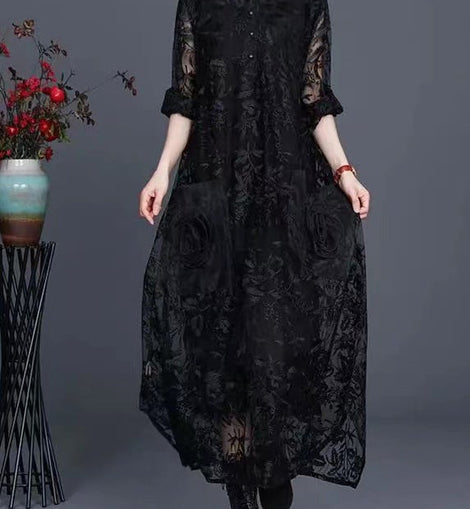 Italian Black Jacquard Long Lace Dress Casual Spring Maxi Dress