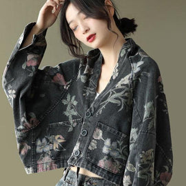 Women Black Print Batwing Sleeve Denim tops