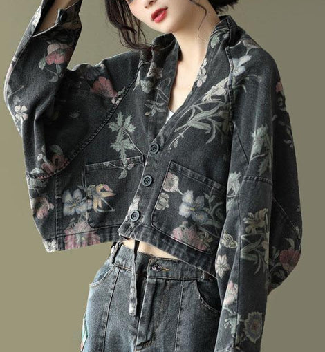 Women Black Print Batwing Sleeve Denim tops