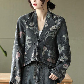 Women Black Print Batwing Sleeve Denim tops