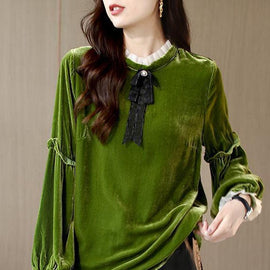 Women Green Ruffled Patchwork Velour Shirt Top Spring